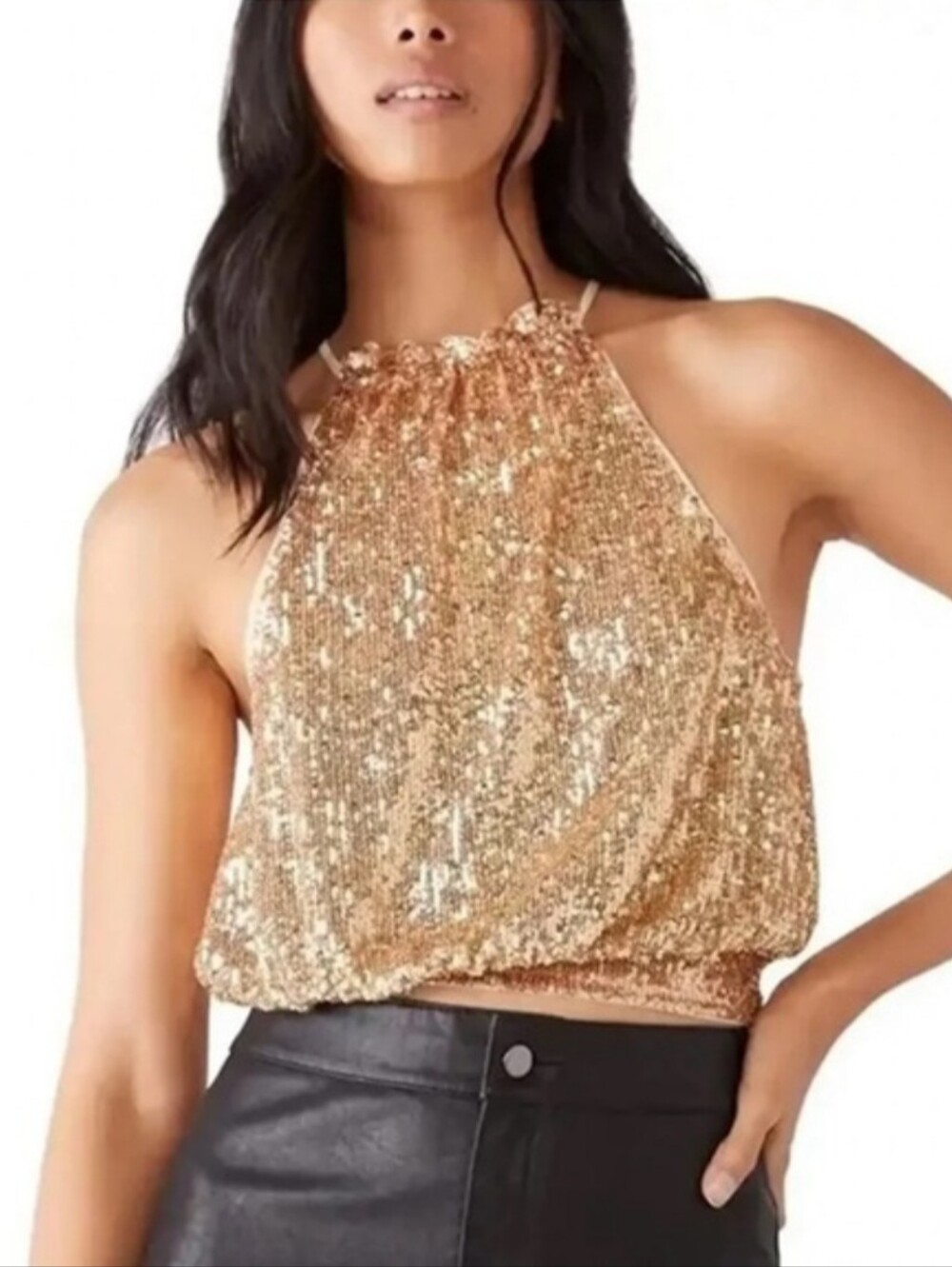 Free People Lights Out Gold Sequins Halter Boho Tank Top Tie Back Size Large